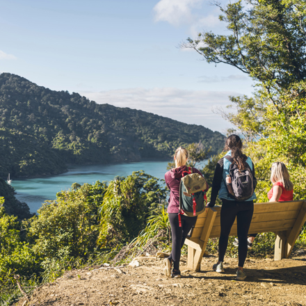 Three people at a bench and viewpoint on the northern Queen Charlotte Track, overlooking Ship Cove/Meretoto in the Marlborough Sounds, New Zealand.