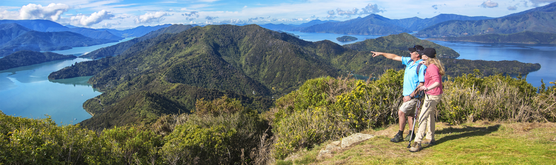 Two people walk on the northern Queen Charlotte Track in the Marlborough Sounds, New Zealand.