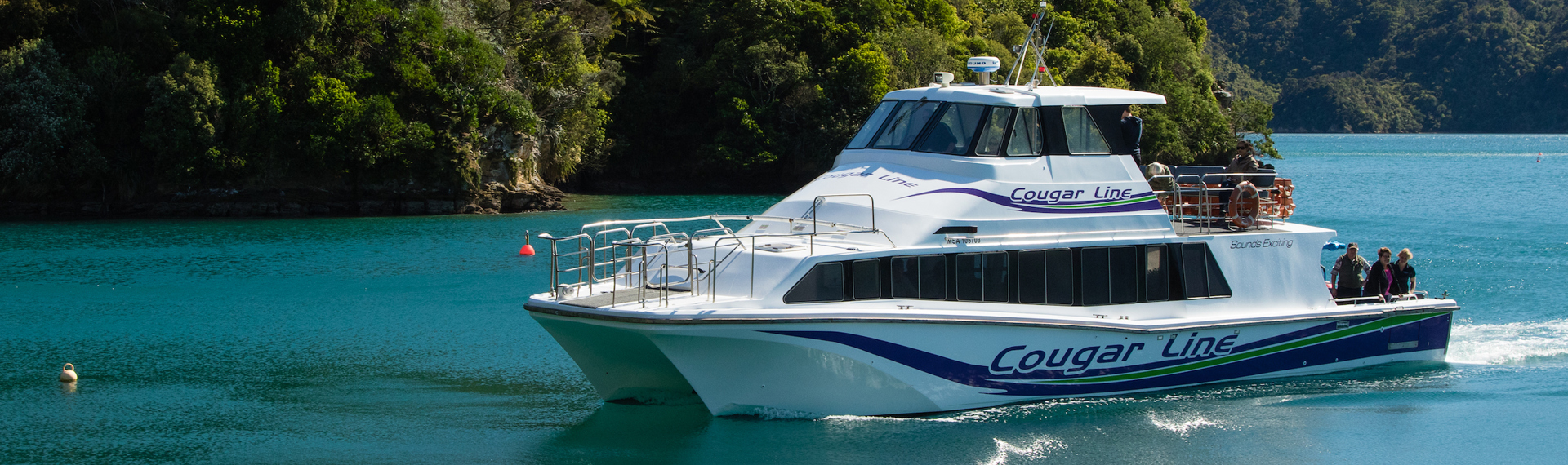 A Cougar Line boat with passengers onboard cruises into a calm bay in the Queen Charlotte Sound/Tōtaranui, Marlborough Sounds, New Zealand.