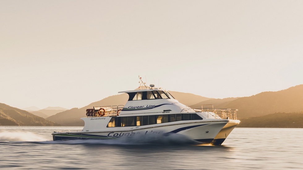 Cougar Line cruises with passengers onboard in the Marlborough Sounds, New Zealand.