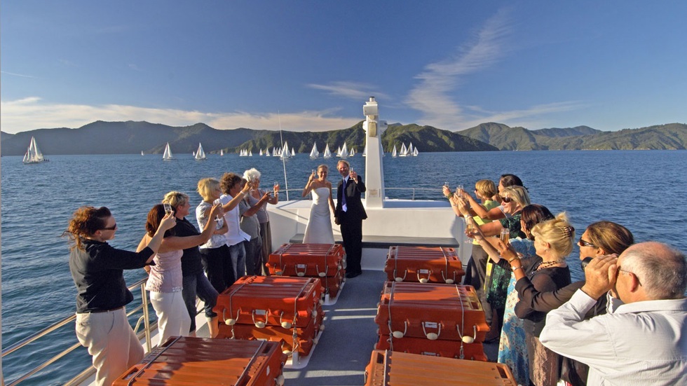 A newly married couple celebrate their wedding in the Marlborough Sounds aboard a Cougar Line boat.